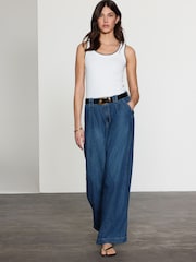 Dark Blue Linen Blend Wide Leg Denim Trousers - Image 1 of 8