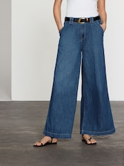 Dark Blue Linen Blend Wide Leg Denim Trousers - Image 3 of 8