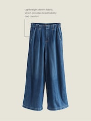 Dark Blue Linen Blend Wide Leg Denim Trousers - Image 4 of 8