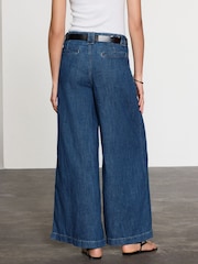 Dark Blue Linen Blend Wide Leg Denim Trousers - Image 5 of 8