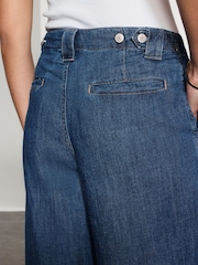 Dark Blue Linen Blend Wide Leg Denim Trousers - Image 6 of 8
