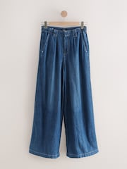 Dark Blue Linen Blend Wide Leg Denim Trousers - Image 7 of 8