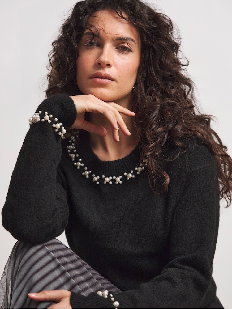 Joanna Hope Pearl Trim Knit Black Jumper - Image 4 of 4 Joanna Hope Pearl Trim Knit Black Jumper - Image 4 of 4