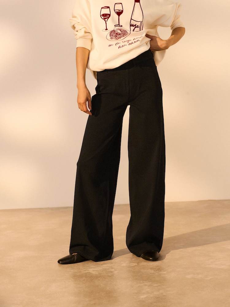 Black Wide Leg Denim Jersey Leggings - Image 1 of 7
