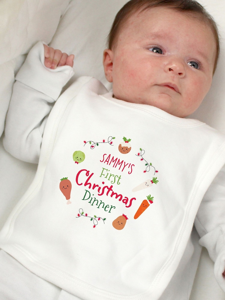 Personalised 'First Christmas Dinner' Bib by PMC - Image 1 of 3 Personalised 'First Christmas Dinner' Bib by PMC - Image 1 of 3