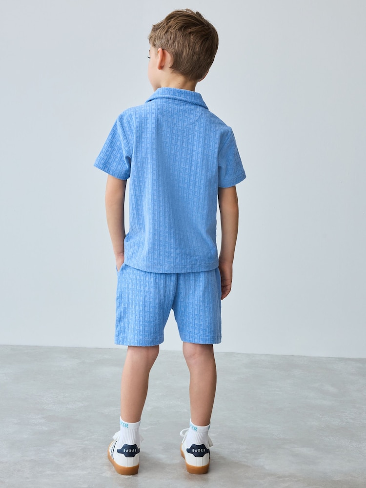 Baker by Ted Baker Blue 'T' Textured Towelling Shirt And Shorts Set - Image 4 of 10