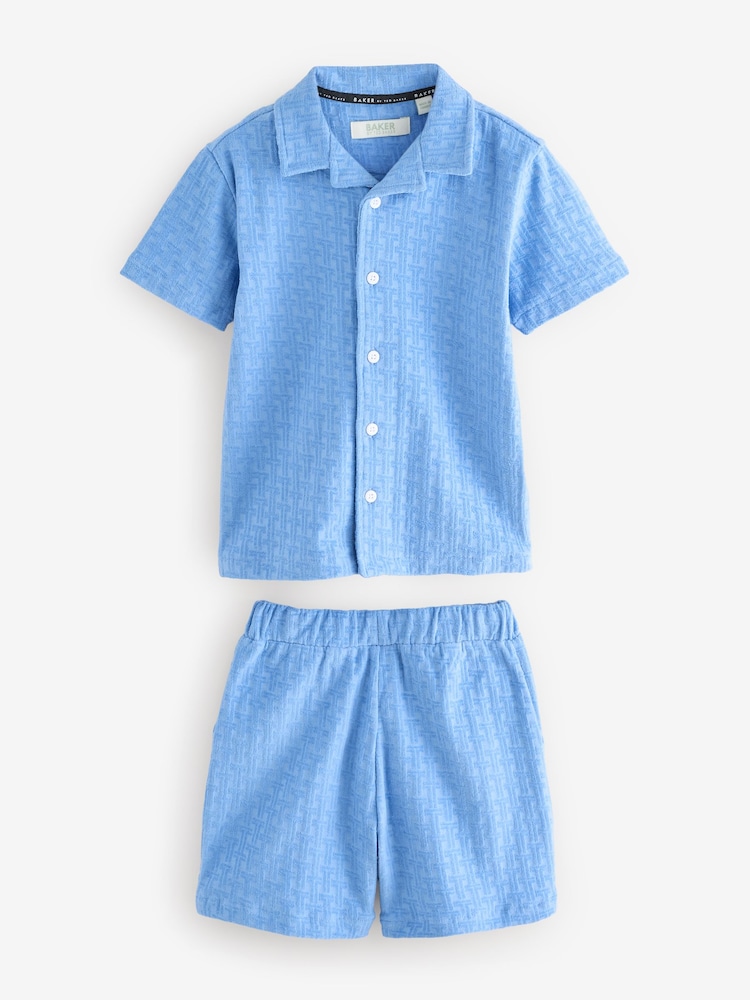 Baker by Ted Baker Blue 'T' Textured Towelling Shirt And Shorts Set - Image 7 of 10