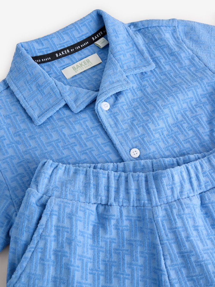 Baker by Ted Baker Blue 'T' Textured Towelling Shirt And Shorts Set - Image 9 of 10