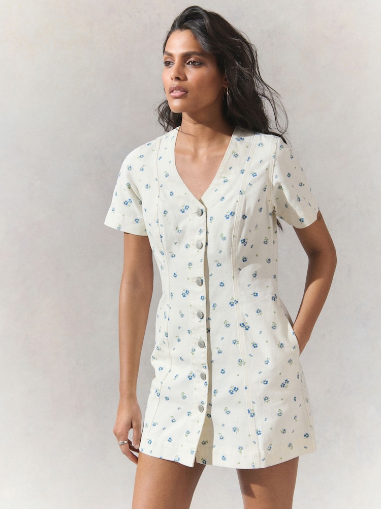 Ecru Floral Print V-Neck 100% Cotton Denim Dress - Image 1 of 4 Ecru Floral Print V-Neck 100% Cotton Denim Dress - Image 1 of 4