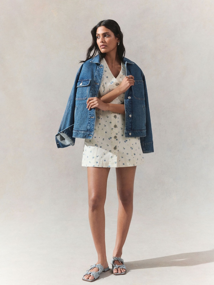Ecru Floral Print V-Neck 100% Cotton Denim Dress - Image 2 of 4 Ecru Floral Print V-Neck 100% Cotton Denim Dress - Image 2 of 4