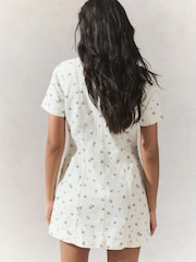 Ecru Floral Print V-Neck 100% Cotton Denim Dress - Image 3 of 4
