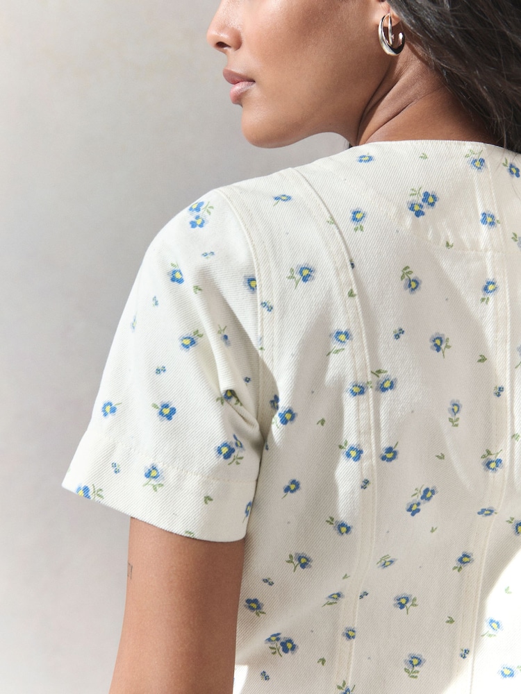 Ecru Floral Print V-Neck 100% Cotton Denim Dress - Image 4 of 4 Ecru Floral Print V-Neck 100% Cotton Denim Dress - Image 4 of 4
