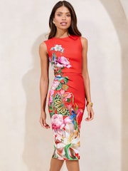 Lipsy Red Floral Petite Sleeveless Ruched Bodycon Midi Dress - Image 1 of 4