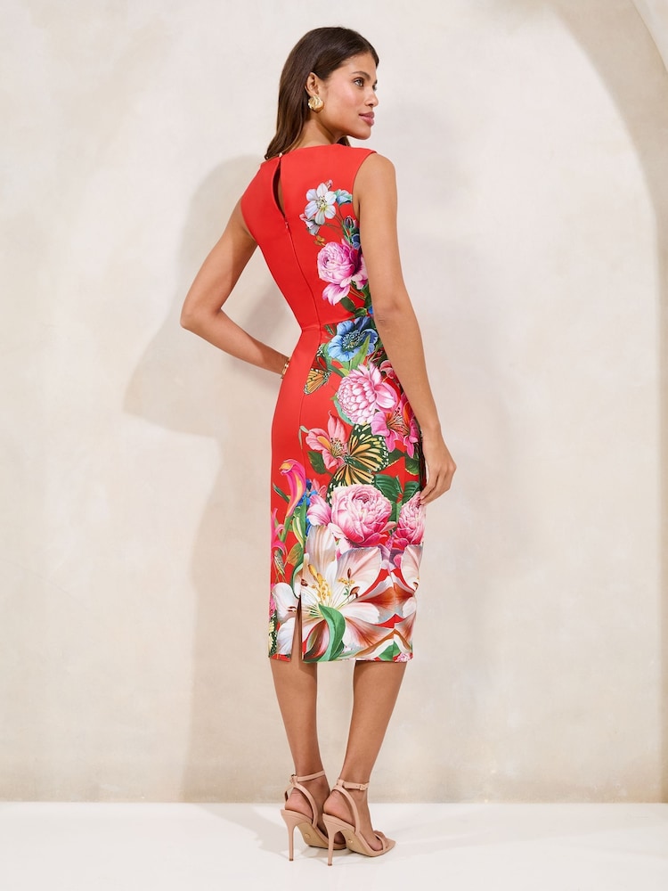 Lipsy Red Floral Petite Sleeveless Ruched Bodycon Midi Dress - Image 4 of 4