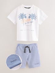 Baker by Ted Baker Graphic White T-Shirt and Blue Stripe Shorts set - Image 1 of 7