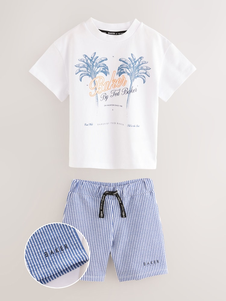 Baker by Ted Baker Graphic White T-Shirt and Blue Stripe Shorts set - Image 1 of 7