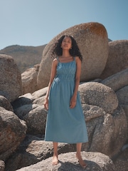 Mid Blue 100% Cotton Striped Denim Strappy Midi Dress - Image 1 of 7