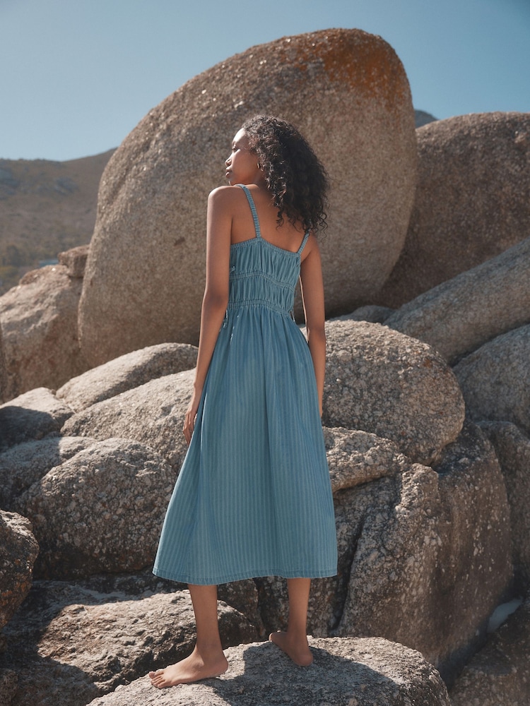 Mid Blue 100% Cotton Striped Denim Strappy Midi Dress - Image 2 of 7