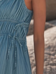 Mid Blue 100% Cotton Striped Denim Strappy Midi Dress - Image 4 of 7