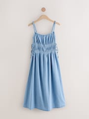Mid Blue 100% Cotton Striped Denim Strappy Midi Dress - Image 5 of 7