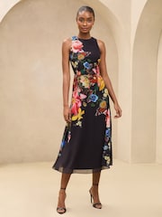 Lipsy Black Floral Printed Chiffon Fit And Flare Midi Dress - Image 1 of 4
