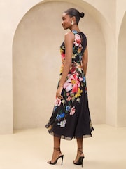 Lipsy Black Floral Printed Chiffon Fit And Flare Midi Dress - Image 4 of 4
