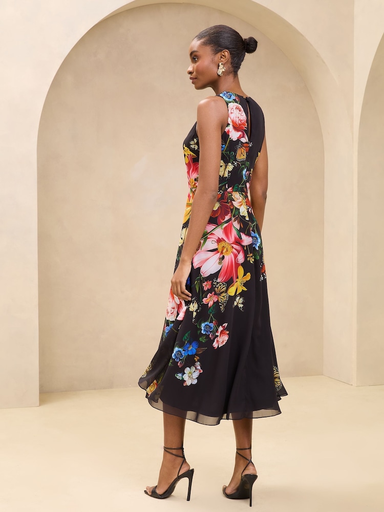 Lipsy Black Floral Printed Chiffon Fit And Flare Midi Dress - Image 4 of 4