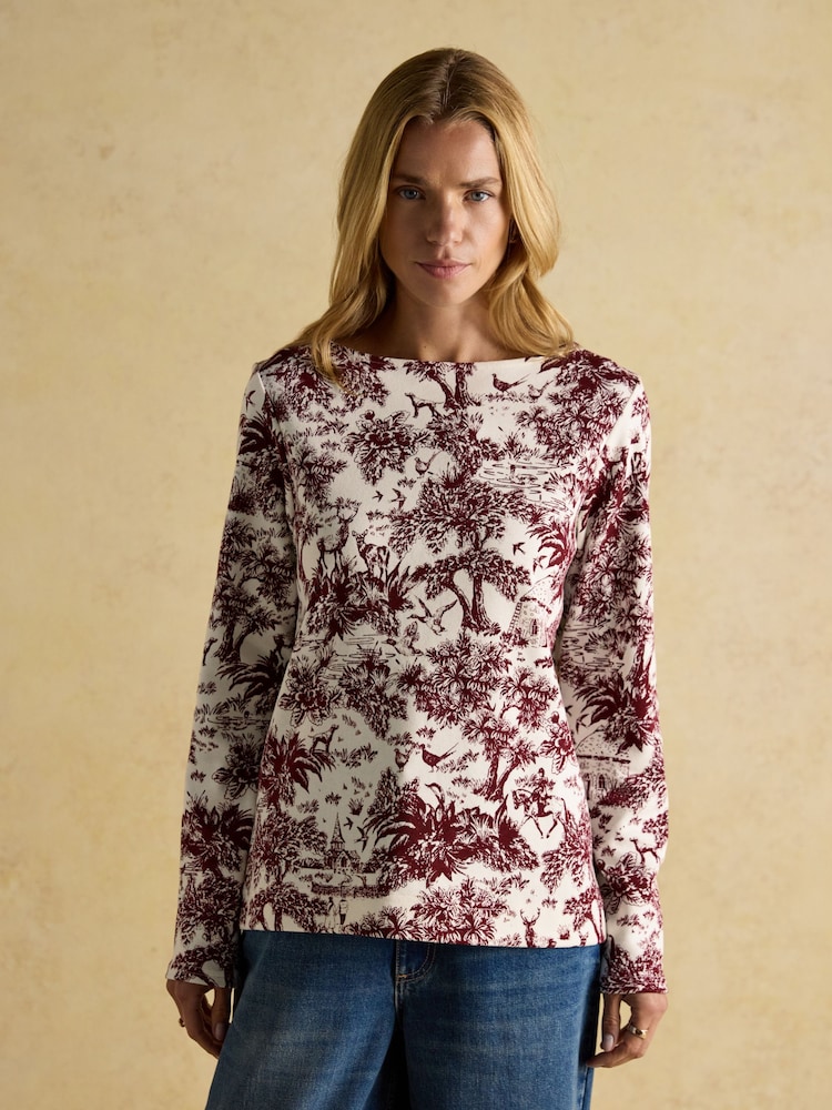 Joules Harbour Burgundy Toile de Jouy Boat Neck Printed Top - Image 1 of 8
