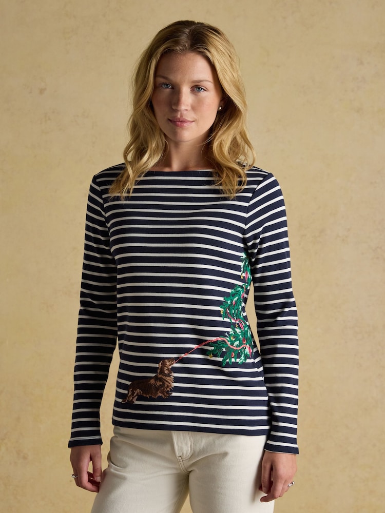 Festive Harbour Dog Navy/Cream Boat Neck Breton Top - Image 1 of 8