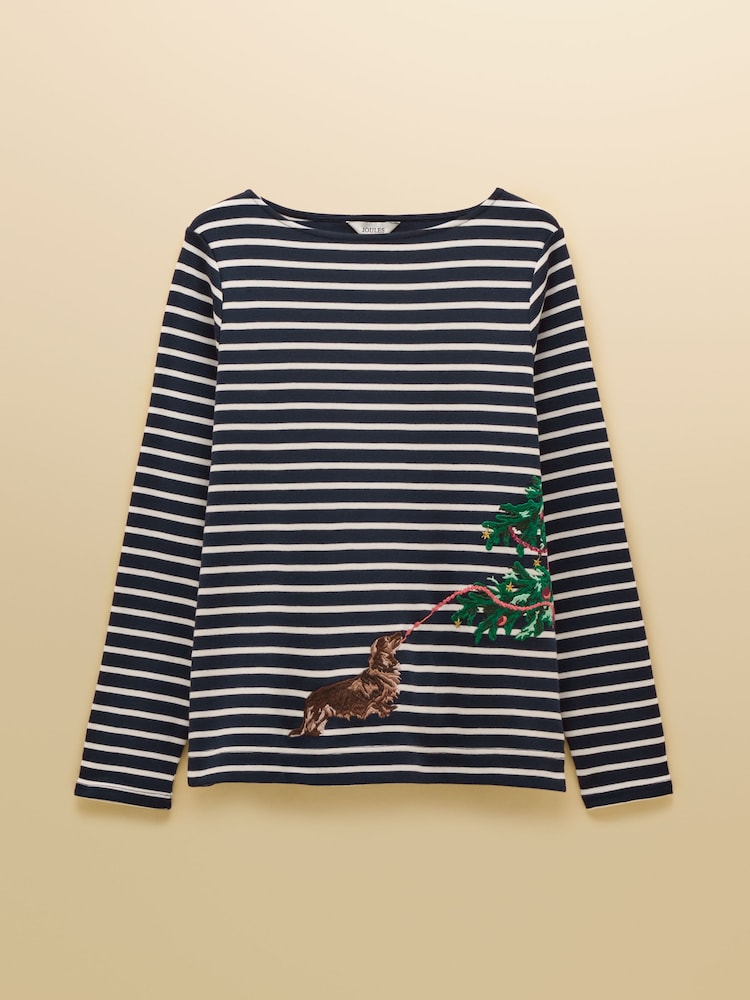 Festive Harbour Dog Navy/Cream Boat Neck Breton Top - Image 8 of 8