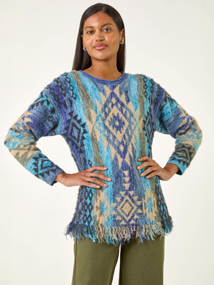Roman Blue Jacquard Tassel Trim Knit Jumper - Image 1 of 4 Roman Blue Jacquard Tassel Trim Knit Jumper - Image 1 of 4