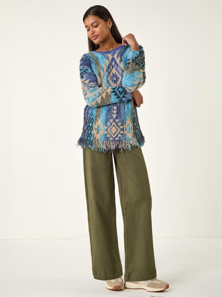 Roman Blue Jacquard Tassel Trim Knit Jumper - Image 2 of 4 Roman Blue Jacquard Tassel Trim Knit Jumper - Image 2 of 4