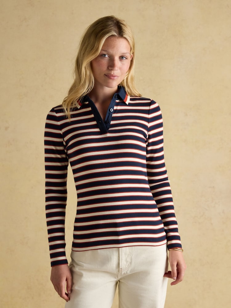 Joules Fairfield Navy/Red Ribbed Long Sleeve Striped Polo Shirt - Image 1 of 7