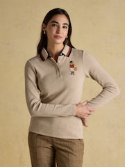 Joules Fairfield Neutral Ribbed Long Sleeve Striped Polo Shirt - Image 1 of 9