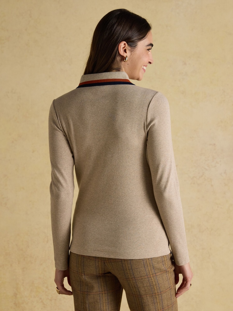 Joules Fairfield Neutral Ribbed Long Sleeve Striped Polo Shirt - Image 2 of 9
