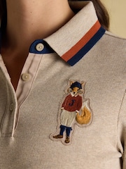 Joules Fairfield Neutral Ribbed Long Sleeve Striped Polo Shirt - Image 6 of 9