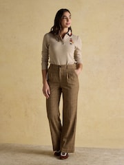 Joules Fairfield Neutral Ribbed Long Sleeve Striped Polo Shirt - Image 8 of 9