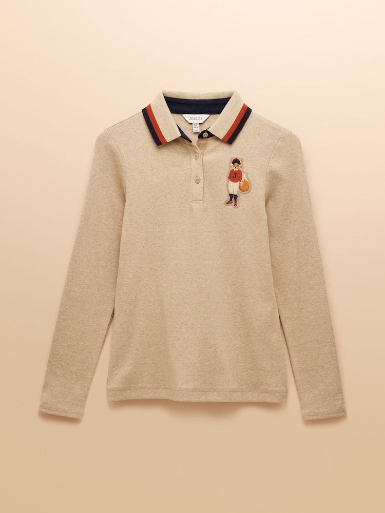 Joules Fairfield Neutral Ribbed Long Sleeve Striped Polo Shirt - Image 9 of 9