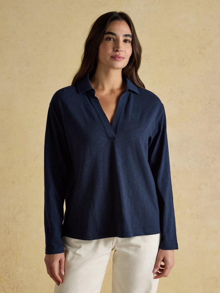 Joules Tallie Navy Combed Cotton Slub Collared Top - Image 1 of 9