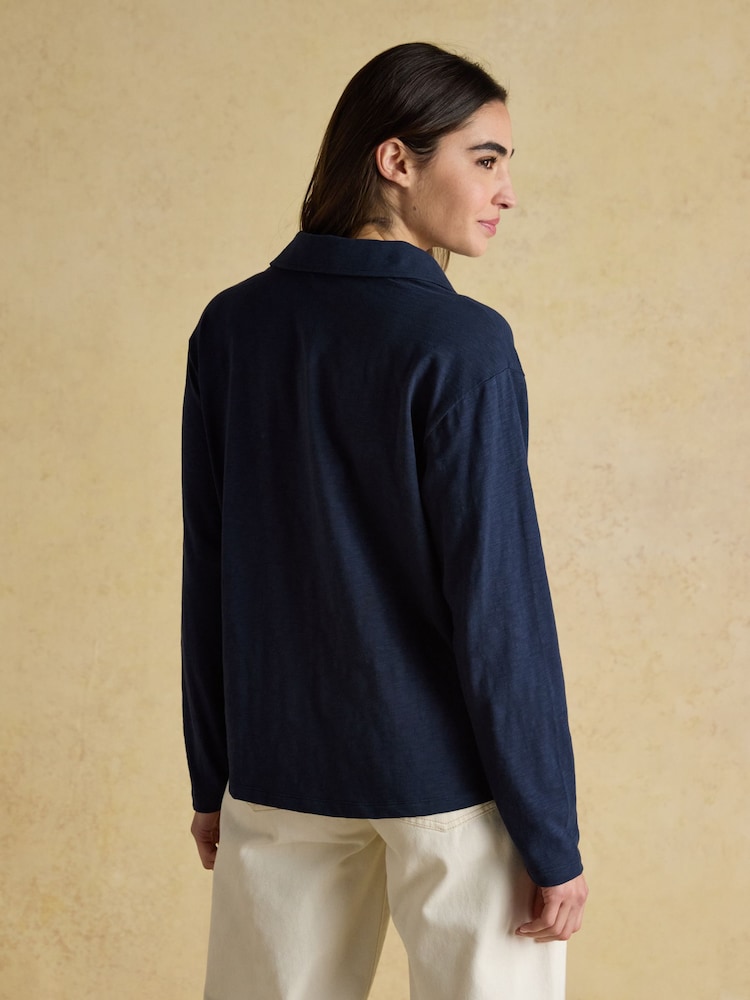 Joules Tallie Navy Combed Cotton Slub Collared Top - Image 2 of 9