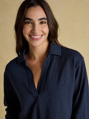 Joules Tallie Navy Combed Cotton Slub Collared Top - Image 4 of 9