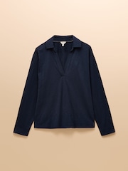 Joules Tallie Navy Combed Cotton Slub Collared Top - Image 9 of 9