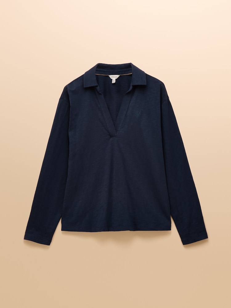 Joules Tallie Navy Combed Cotton Slub Collared Top - Image 9 of 9