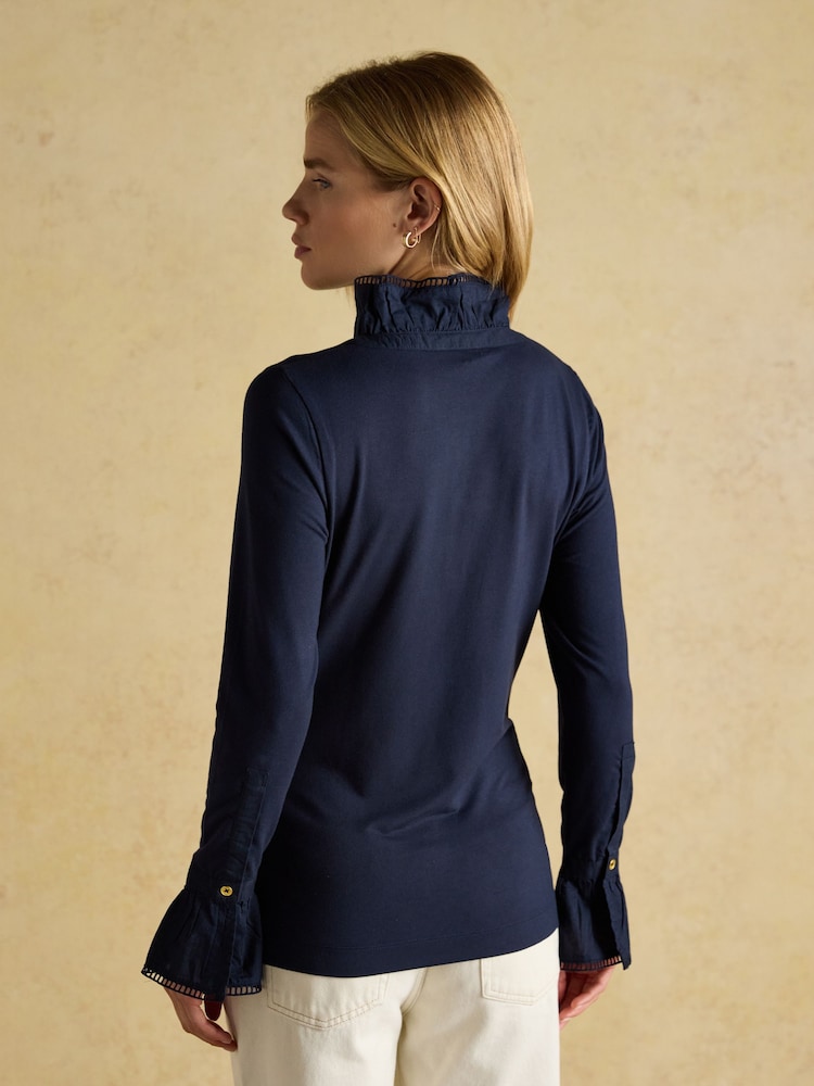 Joules Kate Navy Long Sleeve Frilled Neck Top - Image 2 of 7 Joules Kate Navy Long Sleeve Frilled Neck Top - Image 2 of 7