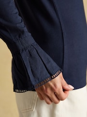 Joules Kate Navy Long Sleeve Frilled Neck Top - Image 5 of 7
