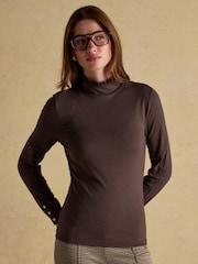 Amy Chocolate Brown Long Sleeve High Neck Jersey Top - Image 1 of 7