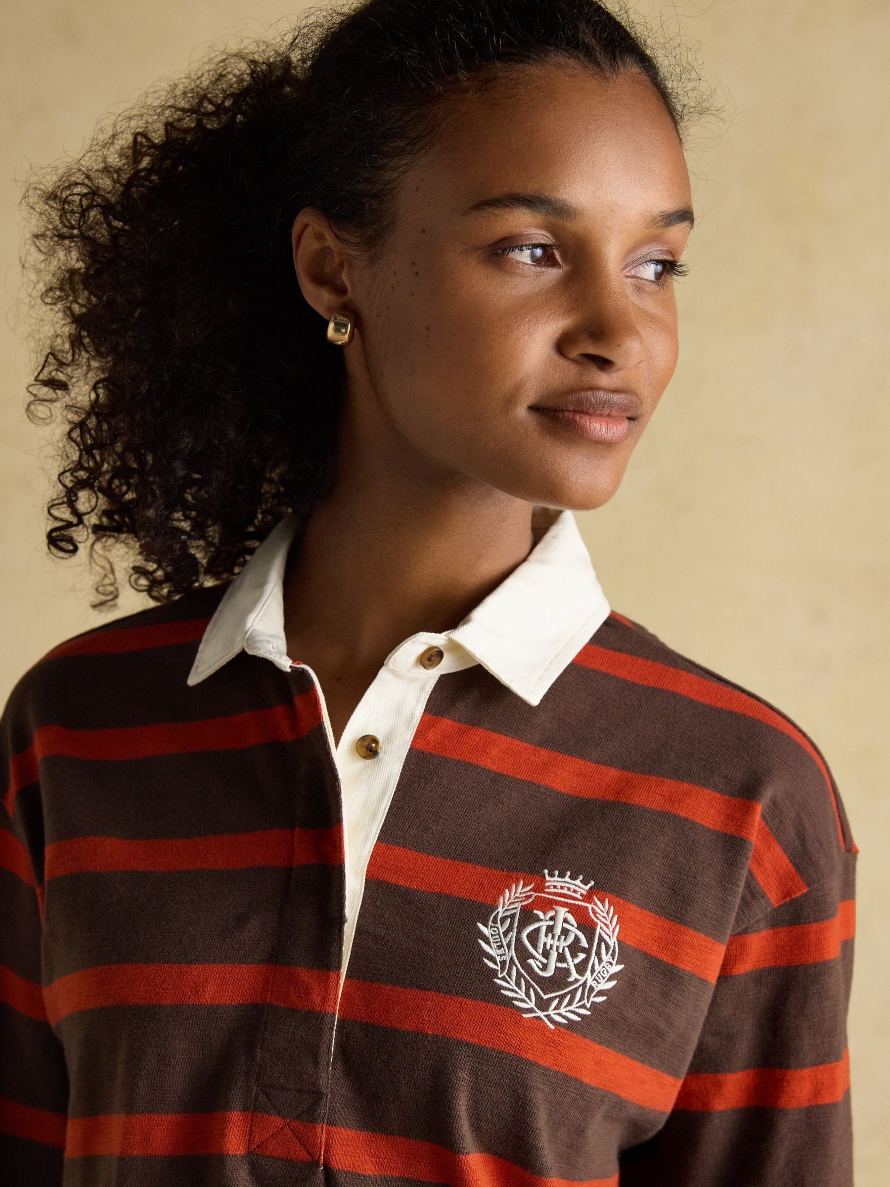 Buy Joules Lara Burnt Orange & Brown Stripe Boxy Fit Rugby Shirt