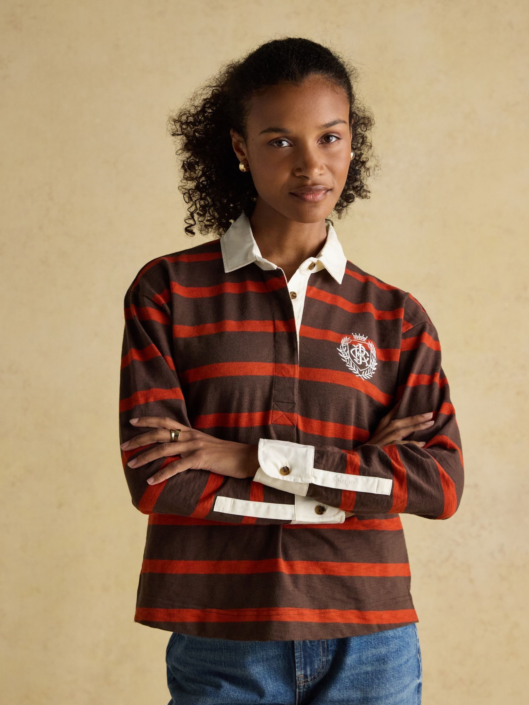 Buy Joules Lara Burnt Orange & Brown Stripe Boxy Fit Rugby Shirt