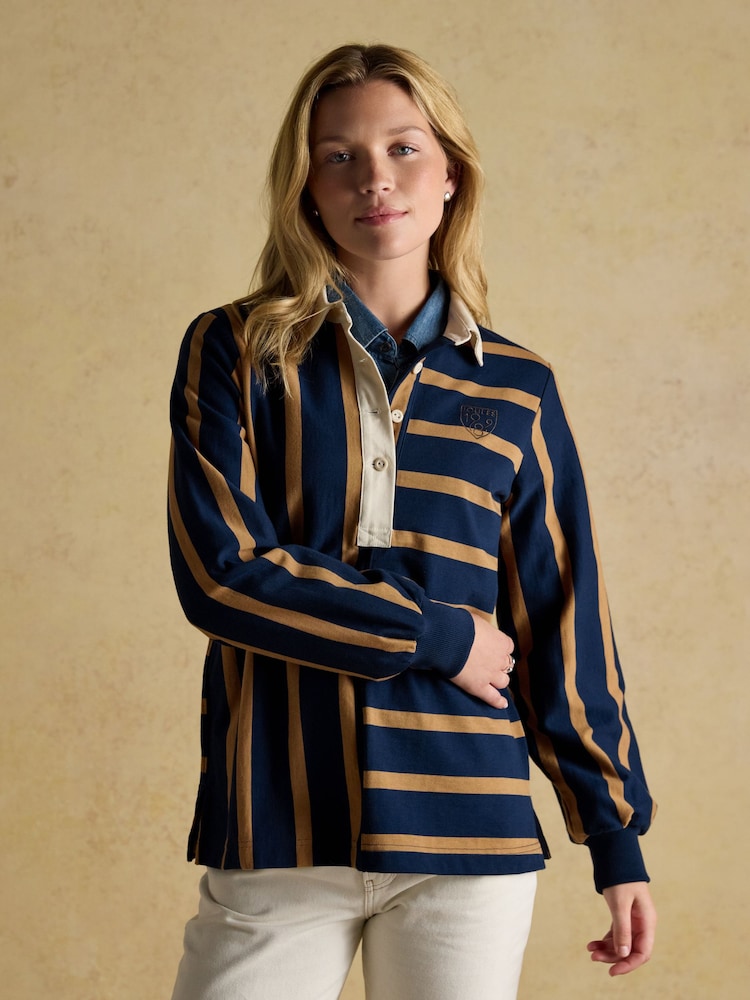 Joules Navy Tan Stripe Cotton Rugby Shirt - Image 2 of 8 Joules Navy Tan Stripe Cotton Rugby Shirt - Image 2 of 8