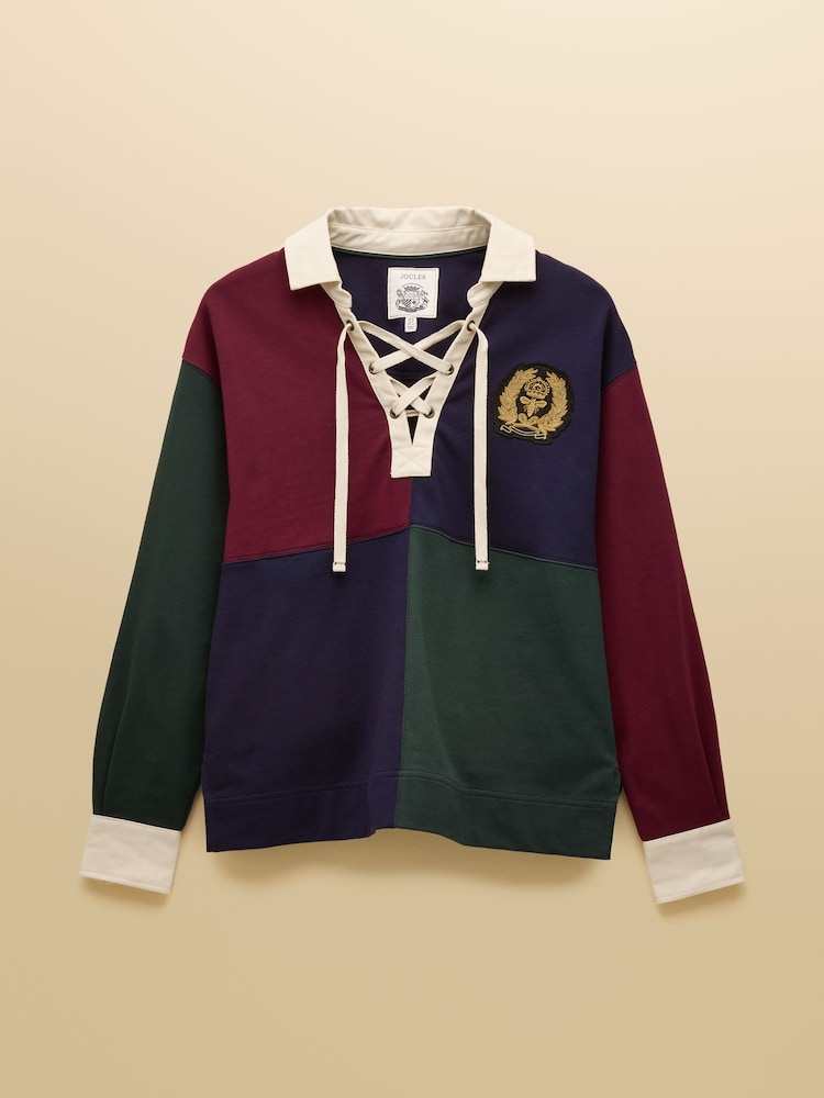 Joules Claremont Multi 100% Cotton Harlequin Lace Up Rugby Shirt - Image 7 of 7